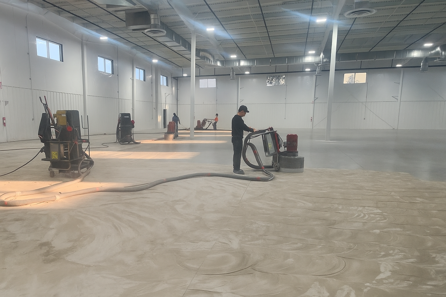 Epoxy Bros Coatings team in black shirts working on commercial floor installation